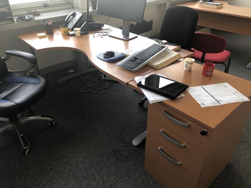 Bureau 120 d'angle G - Bois Et Métal - Plateau Bois Clair Et Pied Gris